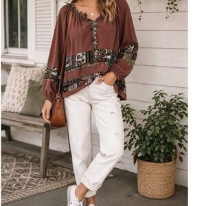 Easel Boho Patchwork Paisley Top M Oversized Peasant Blouse Distressed Festival